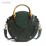 Women Totes Bag Fashion Circular Leather Retro Brand Metal Ring Handbag For Girl Small Round Lady Shoulder Messenger Bags SAJOSE