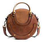 Women Totes Bag Fashion Circular Leather Retro Brand Metal Ring Handbag For Girl Small Round Lady Shoulder Messenger Bags SAJOSE